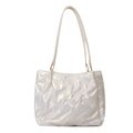 Minimalist pearl white quilted down puffer tote bag with glossy finish and metal rings - White