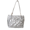 Silver quilted down shoulder tote bag with metallic finish and thin shoulder straps - Silver