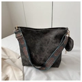Vintage dark gray bucket bag with ethnic style wide strap and small round pouch - Black