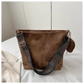 Brown suede bucket bag with geometric jacquard wide strap and matching round coin purse - Tan