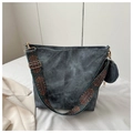 Blue denim bucket tote bag with geometric ethnic strap and round mini coin purse - Aqua