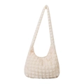 Minimalist beige pleated popcorn fabric shoulder bag with trendy cloud-like texture - White
