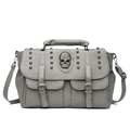 Borsa punk grigia con teschio argentato e texture in ecopelle grana litchi di qualità - Grigio