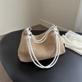 Borsa tote in paglia intrecciata beige da donna con manici annodati bianchi e zip dorata - Bianco