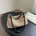 Borsa tote in paglia intrecciata con manici in pelle nera e cerniera superiore - Nero