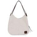 Borsa a spalla minimalista in tela beige con manici in pelle marrone e logo patch - Bianco