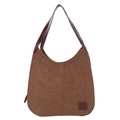 Borsa hobo in tela marrone con tracolla in pelle e toppa rettangolare della marca - caffè