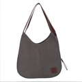 Sac à bandoulière en toile gris foncé avec lanières en cuir marron et écusson - Gris