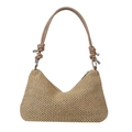 Borsa a spalla in paglia beige con dettaglio manico a nodo in ecopelle marrone - Cachi