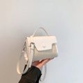 White mini handbag with beige straw weave texture and detachable adjustable shoulder strap - White
