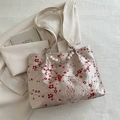 Bolso tote de jacquard con bordado de flores de ciruelo y detalle de dije de perla - Flor de ciruelo / Champán
