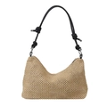 Borsa a spalla in paglia kaki naturale con manici in corda nera e nodi eleganti - Nero