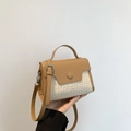 Brown leather and beige straw woven crossbody bag with top handle and magnetic flap - Khaki