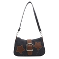 Retro Y2K Denim-Schultertasche mit braunen Lederstern-Patches und Metallschnallendetail - Blau
