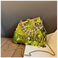 Elegant green sequin clutch bag with gold chain and vintage metal frame closure - Green