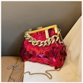Sparkly red sequin clutch with chunky gold handle and detachable chain shoulder strap - Rose Red