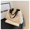 Borsa tote in paglia beige alla moda con manici a contrasto in tela nera - Taglia unica / Cream with Black Strap