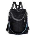 Zaino da donna in pelle PU nera con texture vintage e tracolla etnica colorata - Nero