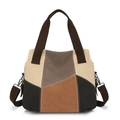 Retro canvas tote bag in beige brown and grey patchwork with detachable brown strap - Khaki