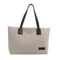 Large capacity beige textured tote bag with black leather straps for commute and travel - Black
