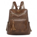 Zaino vintage marrone scuro in ecopelle con nappa decorativa e cerniere in metallo oro - Marrone