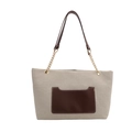 Beige canvas shopper met bruine leren zak en gouden kettingriem, vooraanzicht ontwerp - Bruin