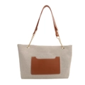 Beige canvas draagtas met bruine leren zak en gouden ketting handvat ontwerp - Bruin