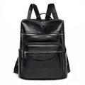 Classic black PU leather backpack with vintage texture and multiple functional pockets - Black