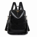 Women's black vintage PU leather backpack with patchwork texture and gold zippers - Black