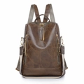 Vintage reddish-brown PU leather backpack with gold zippers and grey fabric straps - Brown