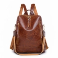 Vintage brown PU leather backpack for women with geometric stitching and gold hardware - Brown