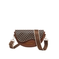 Vintage brown saddle bag with monogram pattern and wide fabric strap in front view - Clover Brown