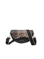 Black leather saddle bag with leopard print flap and wide striped shoulder strap - Leopard Black