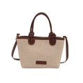 Chique beige strooien draagtas met bruine lederen handvatten en schouderband - Broken Wit