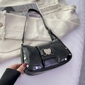 Glossy black underarm bag featuring silver heart buckle and decorative rivets - Black