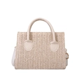 Minimalist beige woven straw crossbody bag with leather handles and V-pattern texture - Off White / Top Width 19cm * Bottom Width 20.5cm * Height 14.5cm * Thickness 7.5cm