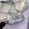 Metallic silver crescent underarm bag with heart buckle and metal rivet details - Silver