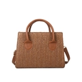 Brown woven crossbody bag with dark leather handles and trapezoid shape - Khaki / Top Width 19cm * Bottom Width 20.5cm * Height 14.5cm * Thickness 7.5cm