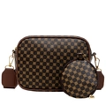 Bolso bandolera vintage con estampado, correa ancha y monedero redondo en fondo blanco - Marrón