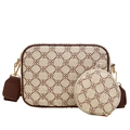 Bolso bandolera beige con diseño de tréboles, correa ancha y pequeño monedero circular - Caqui