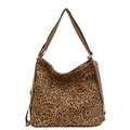 Leopard print canvas tote bag with brown straps and leather logo detail on white background - Leopard Print