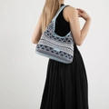 Blue ethnic pattern canvas tote bag shown on shoulder with large capacity for women - Style 2 Light Blue