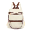 Mochila de cuero PU beige con correa tejida étnica y hebillas metálicas doradas - Blanco