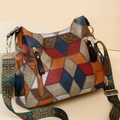Retro patchwork tote bag featuring geometric textured faux leather and colorful wide strap - Blue Patchwork