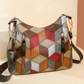 Vintage crossbody tote with geometric contrast panels and ethnic pattern wide strap - Red Patchwork