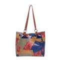 Retro patchwork draagtas met blauwe en rode geometrische panelen en bruine riemen - Blauw