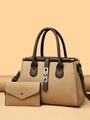 Two-piece set of beige and brown leather tote bag with matching envelope wallet - Khaki