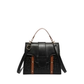 Black and brown minimalist satchel handbag with faux crocodile texture and gold rivets - Black
