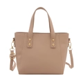 Elegante borsa a secchiello in ecopelle beige con rivetti dorati e tracolla rimovibile - Cachi