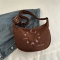 Brown corduroy half-moon tote bag with fashion embroidery and round coin purse charm - Brown